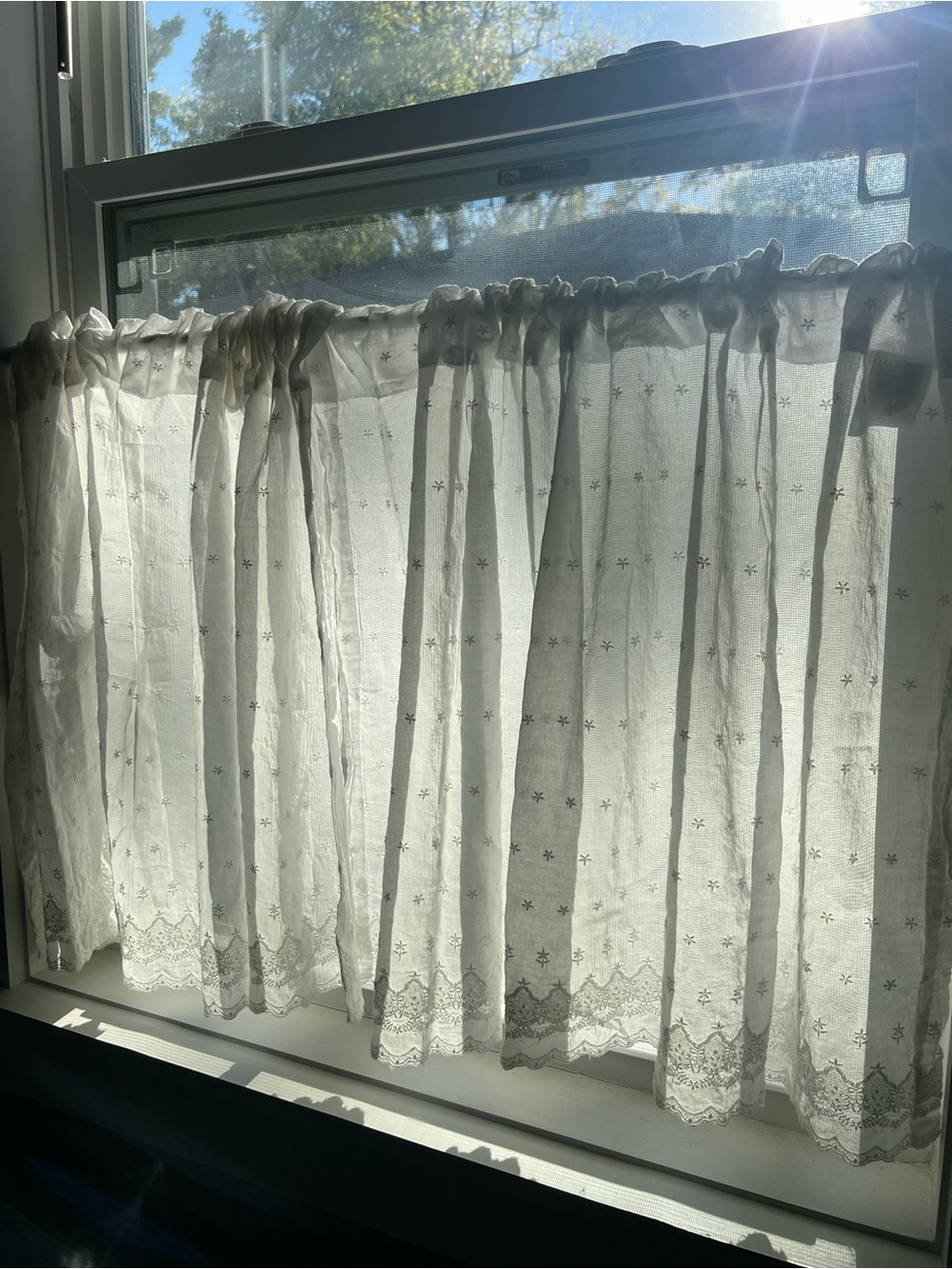Shabby Chic White Semi-Sheer Embroidered Café Curtain Panel Pair